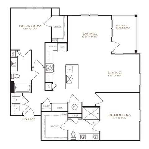 Floor plan for 2 beds, 2 baths, 1320 sqft